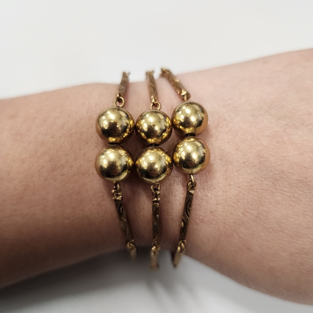 Vintage Triple Strand Ball Link Bracelet Estate Stackable Etched Statement